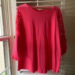 Pink Three Quarter Sleeve Top with Lace Detail Size M
